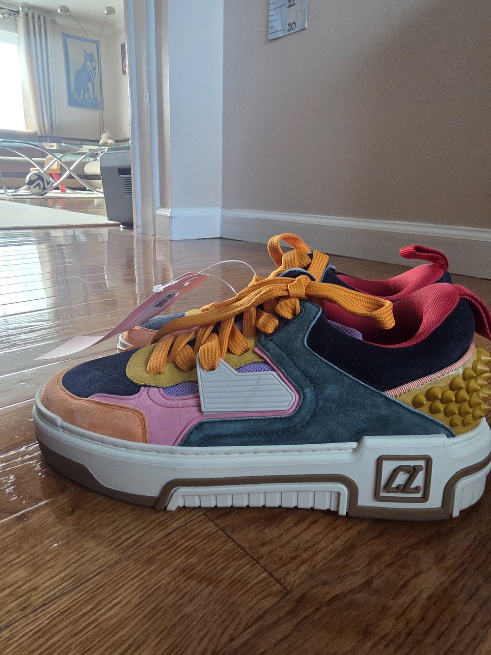 Christian Louboutin Multicolor Suede & Mesh Low-Top Sneakers with Orange Laces - Picture 3 of 8